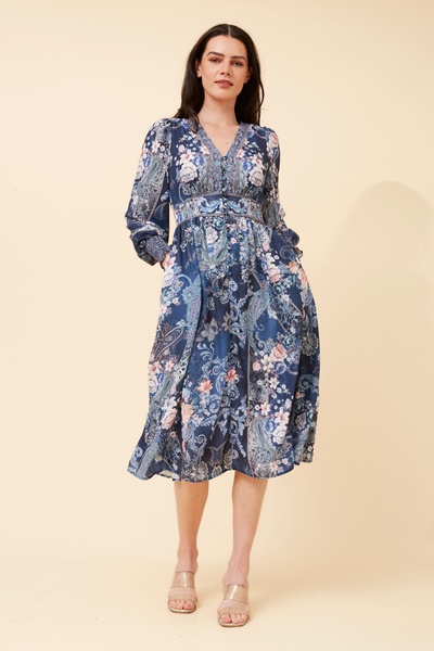 VINA ARABESQUE PRINT MIDI DRESS