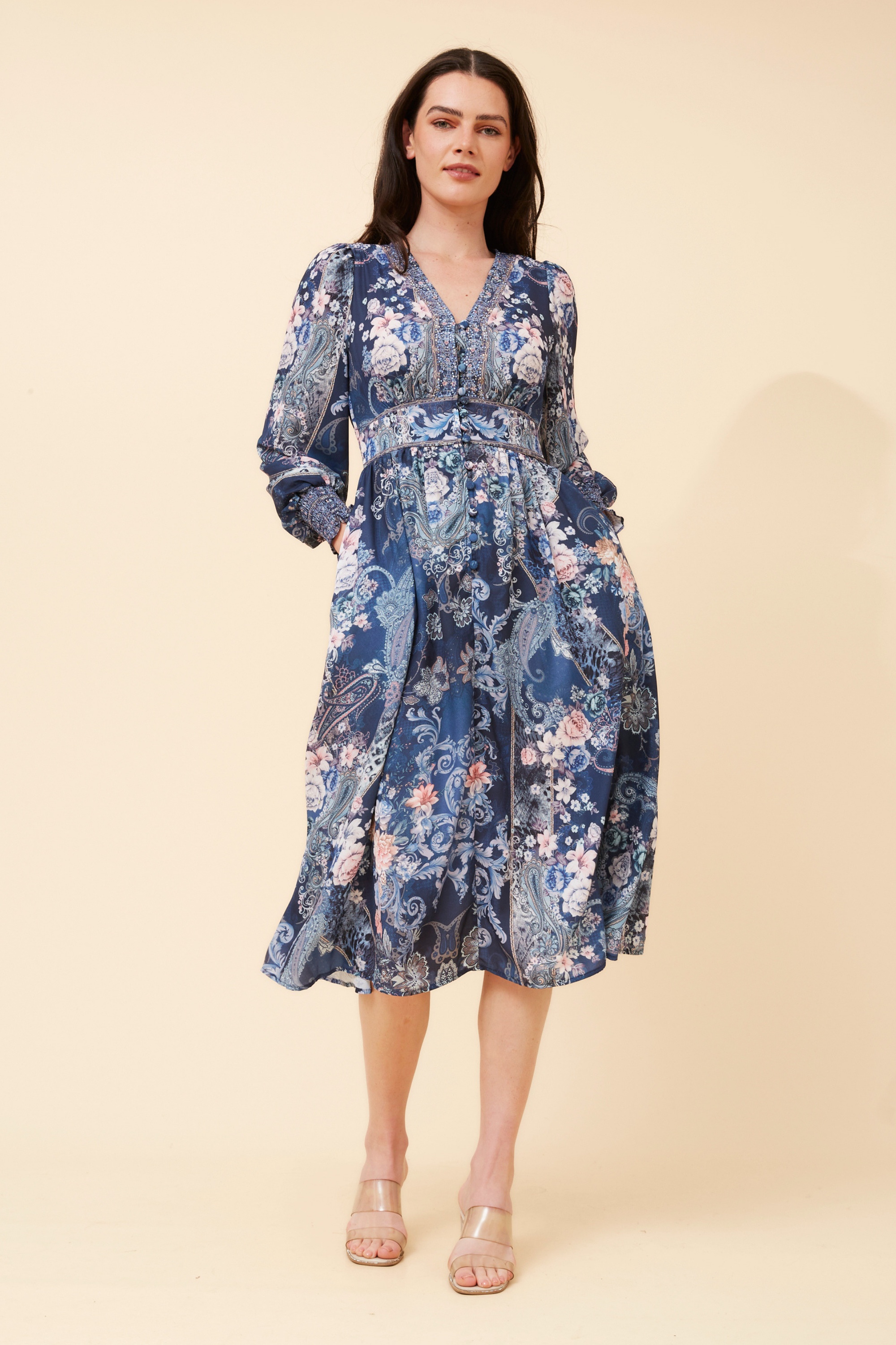 VINA ARABESQUE PRINT MIDI DRESS