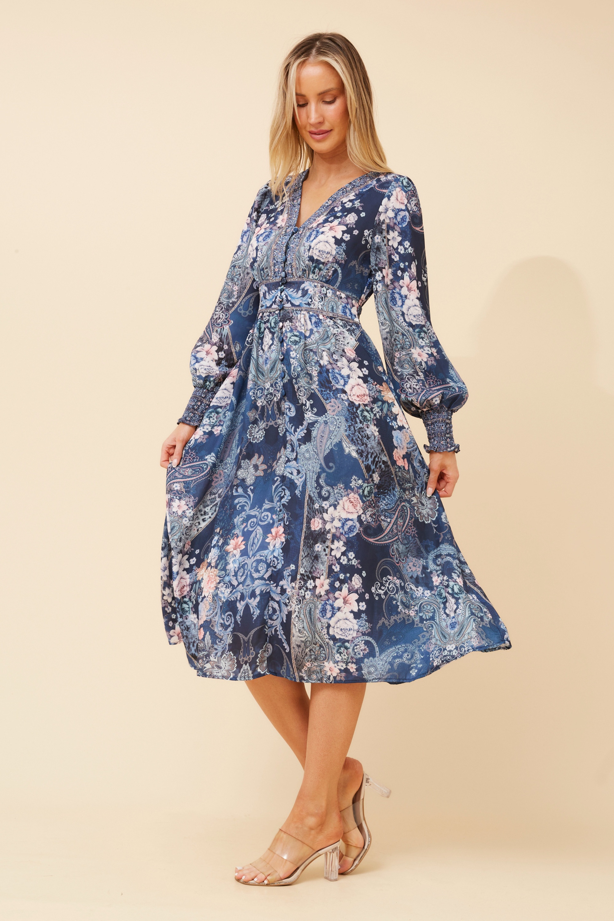 VINA ARABESQUE PRINT MIDI DRESS