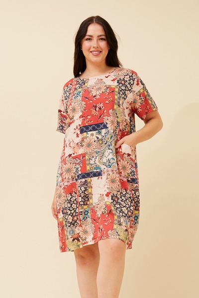 VINE PATCHWORK PRINT SHIFT DRESS