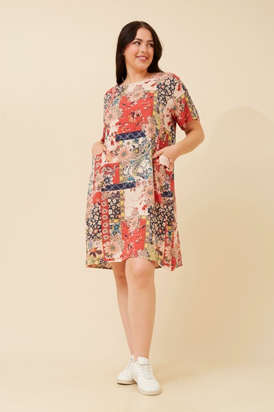 VINE PATCHWORK PRINT SHIFT DRESS