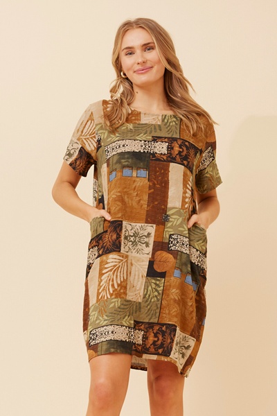 VINE PATCHWORK PRINT SHIFT DRESS