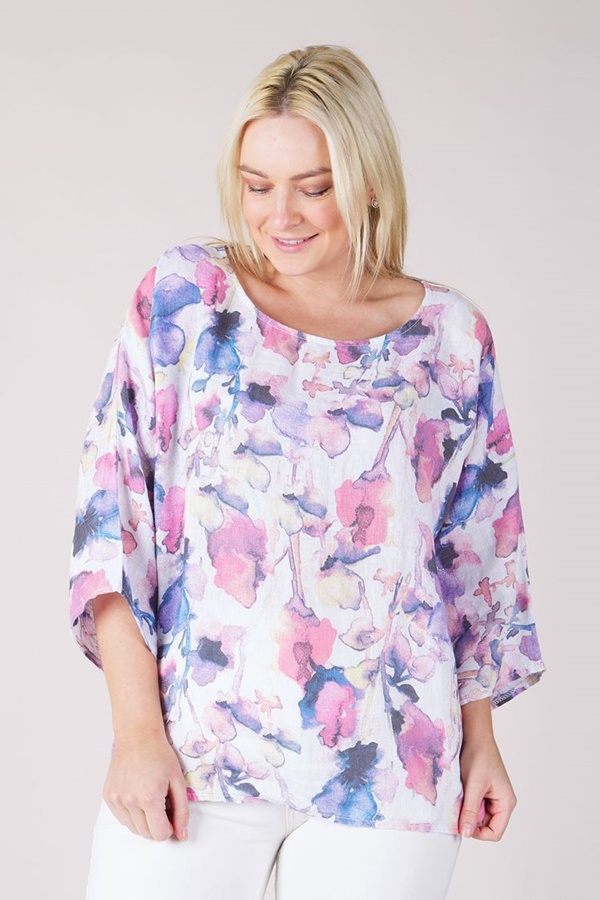 WATERCOLOUR FLORAL PRINT LINEN TOP WATERCOLOUR FLORAL PRINT LINEN TOP