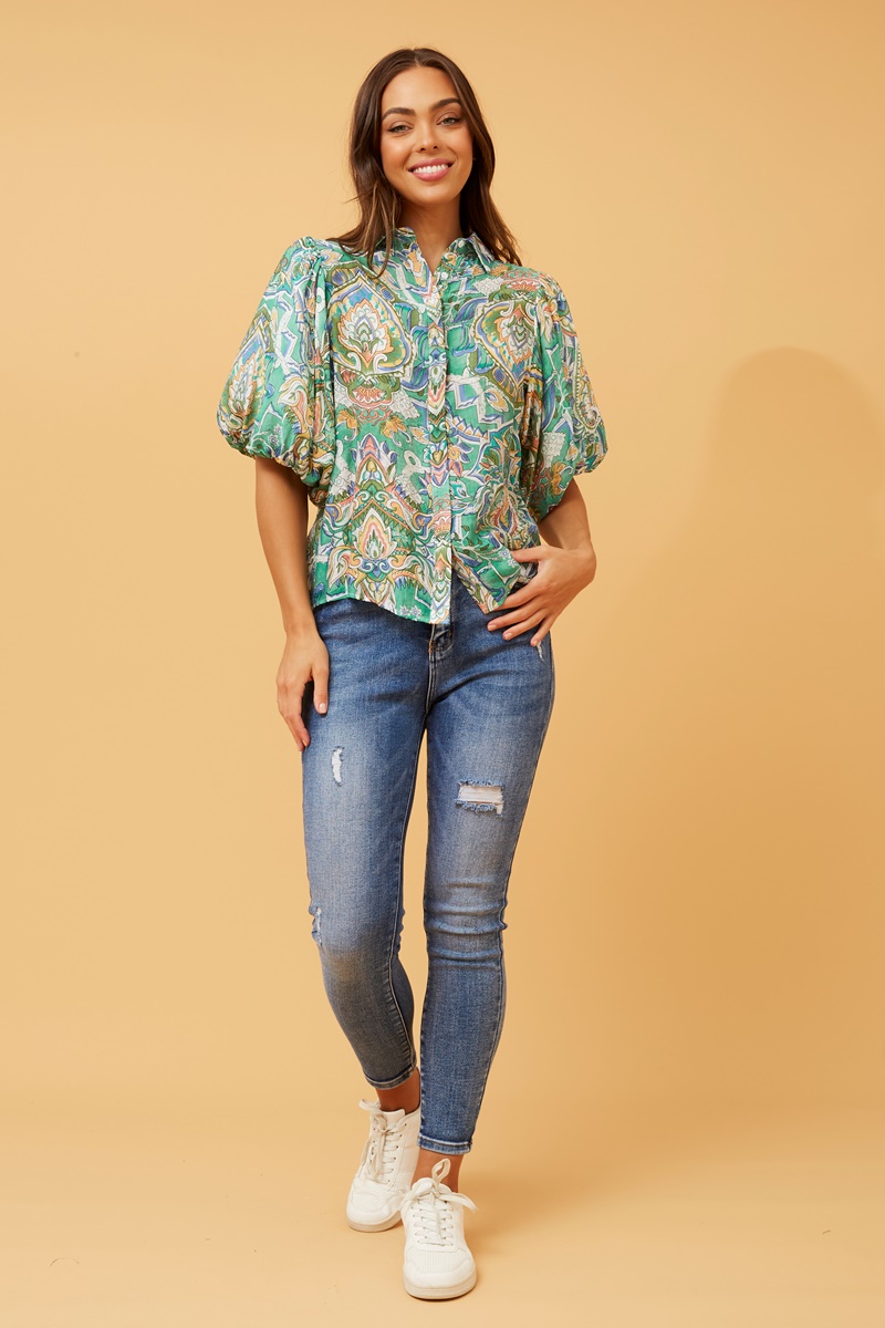 Women's Feminine Floral Top | Sheer Sleeves | Green Multi