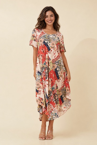 YESSICA PATCHWORK PRINT MIDI DRESS