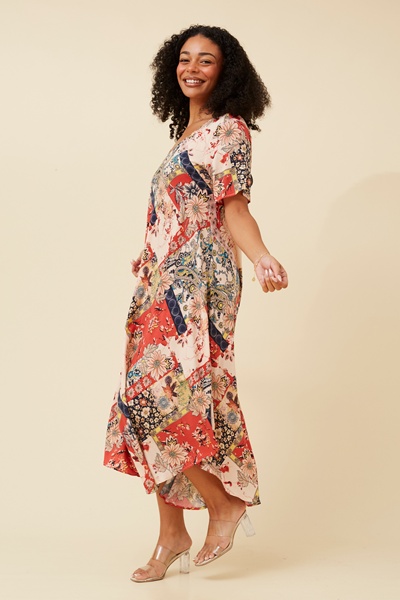 YESSICA PATCHWORK PRINT MIDI DRESS