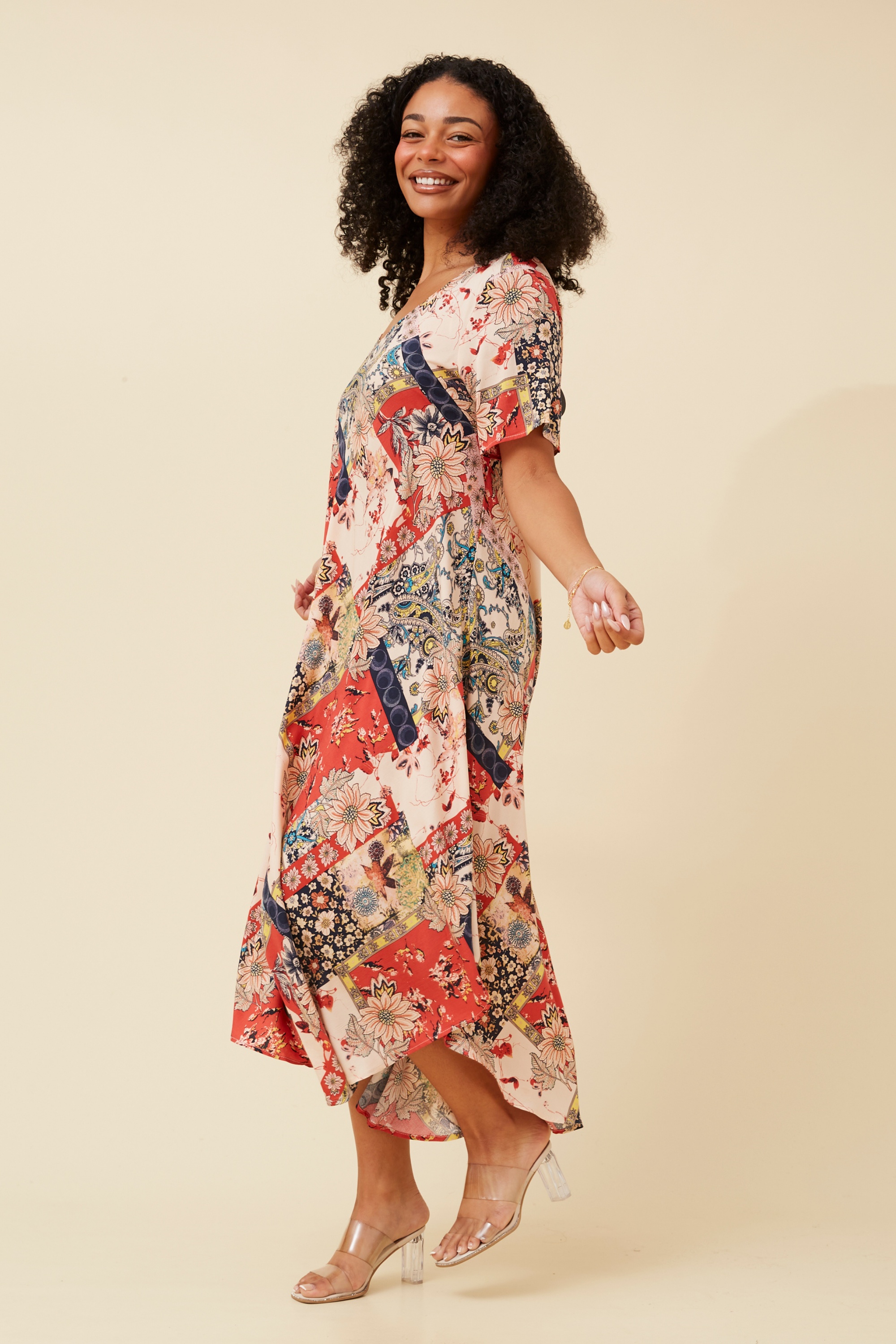 YESSICA PATCHWORK PRINT MIDI DRESS