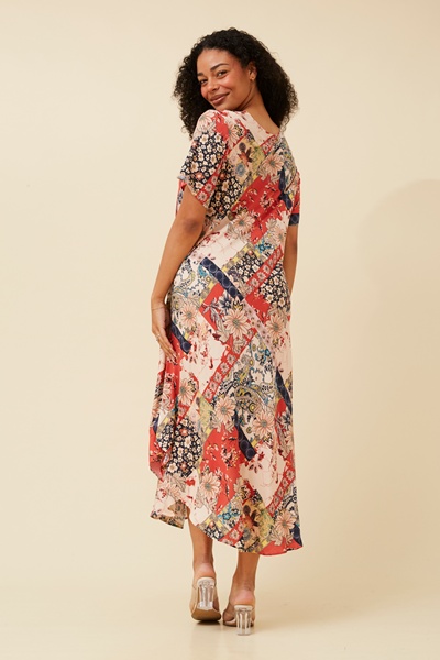 YESSICA PATCHWORK PRINT MIDI DRESS