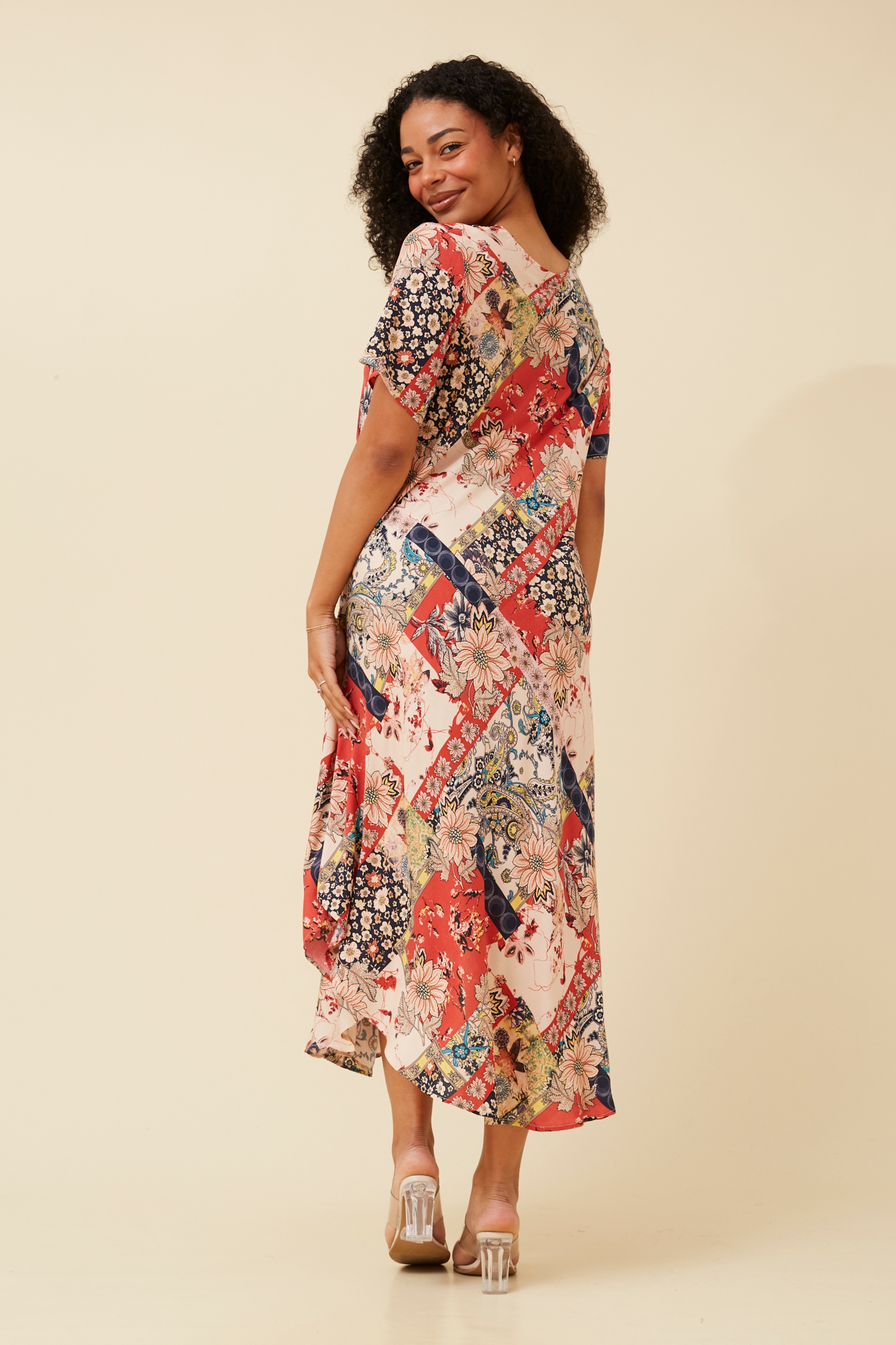 YESSICA PATCHWORK PRINT MIDI DRESS