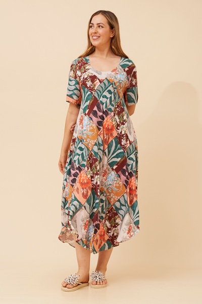 YESSICA PATCHWORK PRINT MIDI DRESS