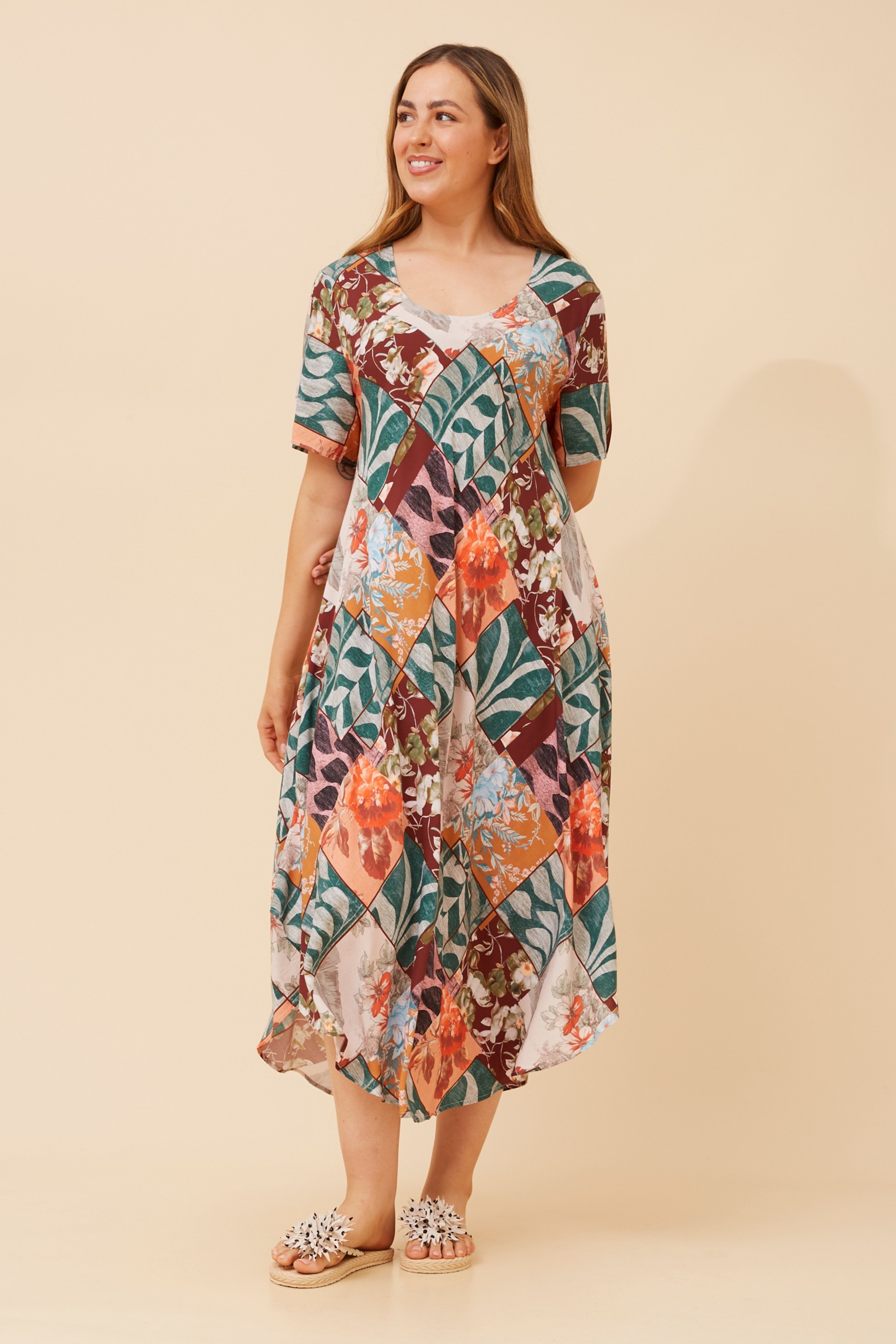 YESSICA PATCHWORK PRINT MIDI DRESS