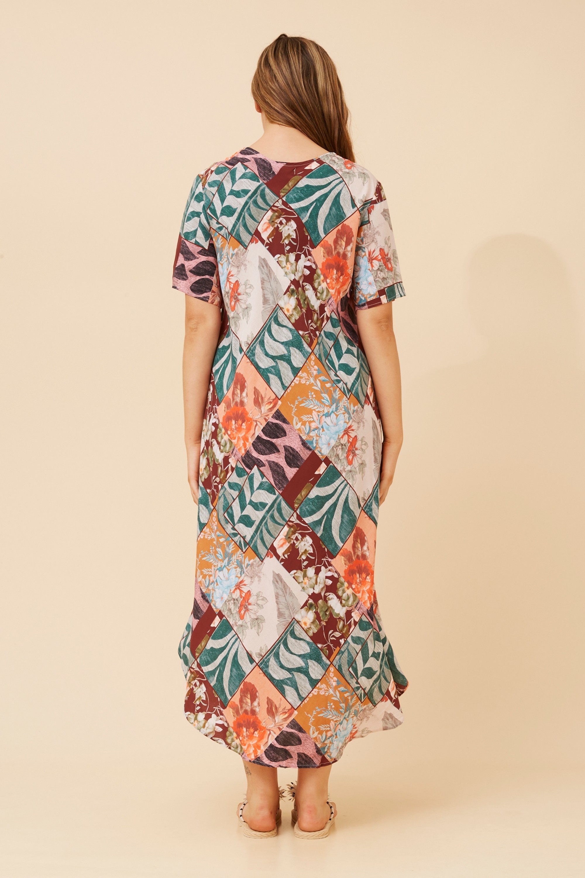 YESSICA PATCHWORK PRINT MIDI DRESS