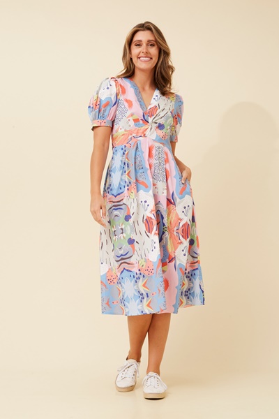 YSABEL ABSTRACT PRINT MIDI DRESS