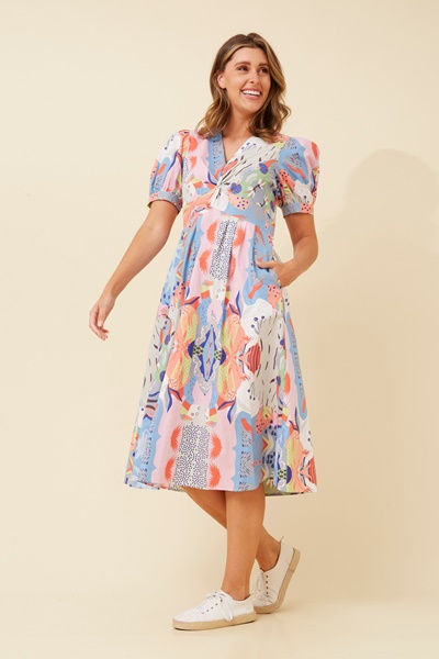 YSABEL ABSTRACT PRINT MIDI DRESS