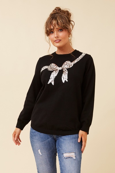 ZANI SEQUIN BOW KNIT PULLOVER