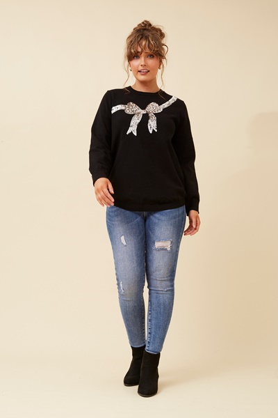 ZANI SEQUIN BOW KNIT PULLOVER