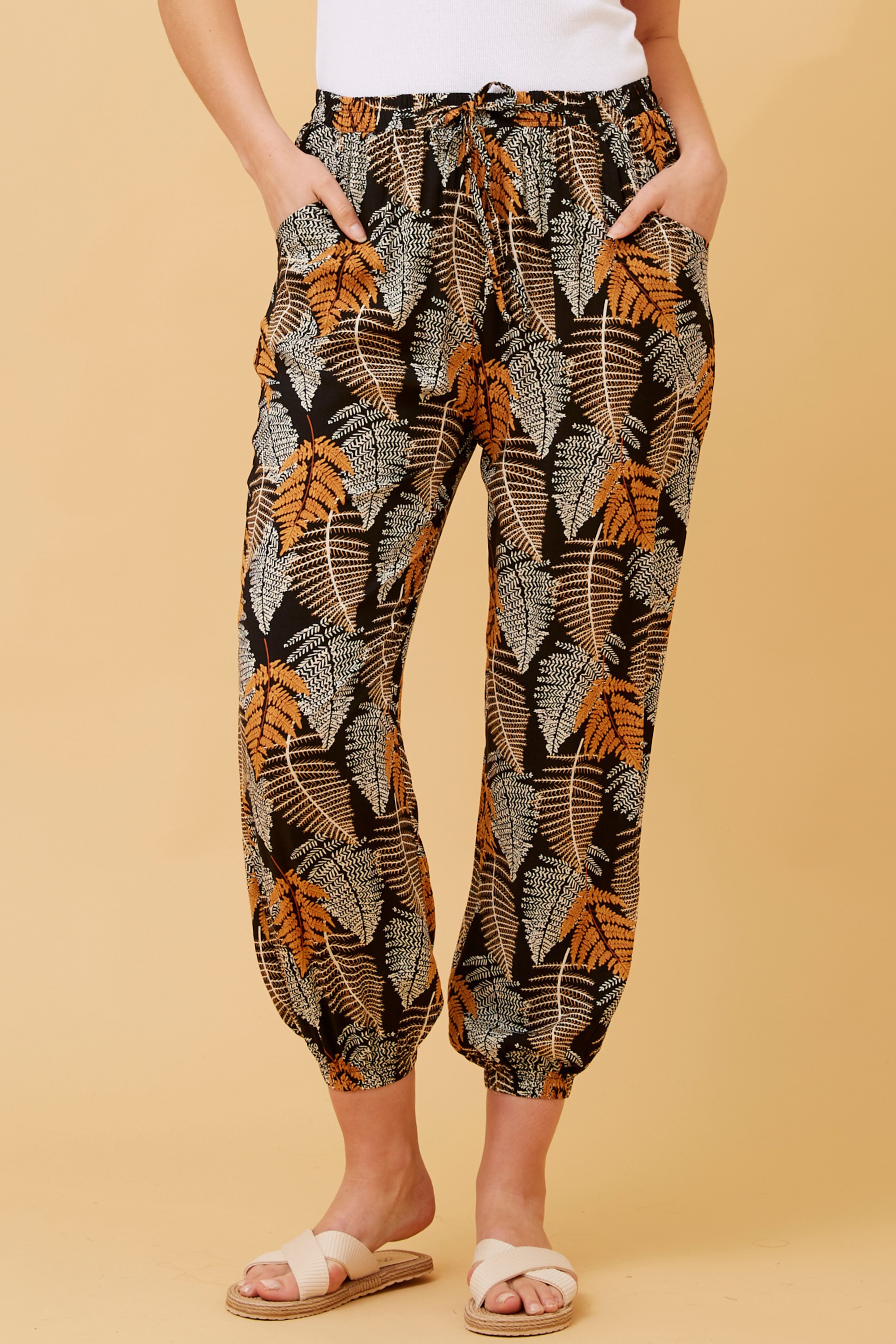 ZILA LEAF PRINT BOHO PANTS